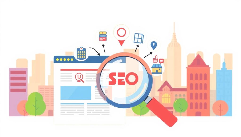 A vibrant, modern illustration depicting the core principles of local SEO - on-page and off-page factors. In the foreground, a magnifying glass overlaying a web page, symbolizing the importance of on-page optimization. In the middle ground, icons representing various off-page elements like citations, reviews, and social signals. In the background, a cityscape with local landmarks, emphasizing the geographical relevance of local search. The color palette is clean and professional, with a warm, approachable tone. The composition is balanced and visually engaging, guiding the viewer's eye through the key concepts of this local SEO framework. A vibrant, modern illustration depicting the core principles of local SEO - on-page and off-page factors. In the foreground, a magnifying glass overlaying a web page, symbolizing the importance of on-page optimization. In the middle ground, icons representing various off-page elements like citations, reviews, and social signals. In the background, a cityscape with local landmarks, emphasizing the geographical relevance of local search. The color palette is clean and professional, with a warm, approachable tone. The composition is balanced and visually engaging, guiding the viewer's eye through the key concepts of this local SEO framework.