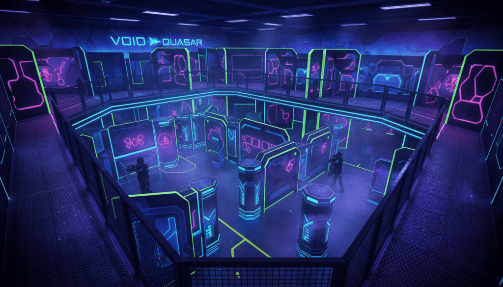 Lasertag Arena-Design mit Hindernissen Lichteffekten und futuristischer Atmosphäre Lasertag Arena-Design mit Hindernissen Lichteffekten und futuristischer Atmosphäre