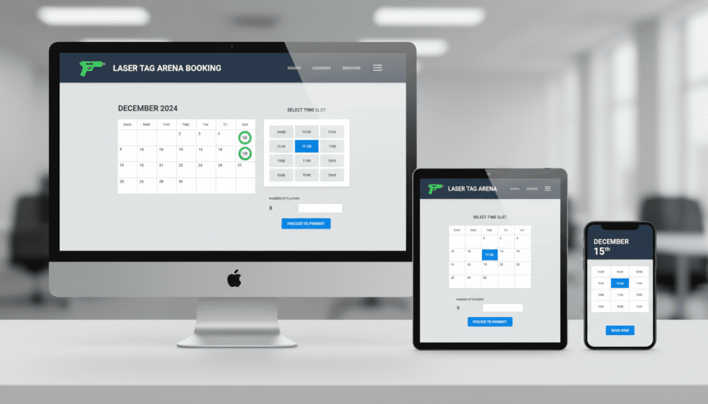 Online-Buchungssystem für Lasertag auf verschiedenen Geräten Smartphone Tablet Desktop Online-Buchungssystem für Lasertag auf verschiedenen Geräten Smartphone Tablet Desktop