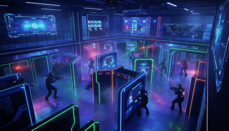 Selbständig machen mit Lasertag Indoor-Arena mit modernen Lichteffekten und Spielern