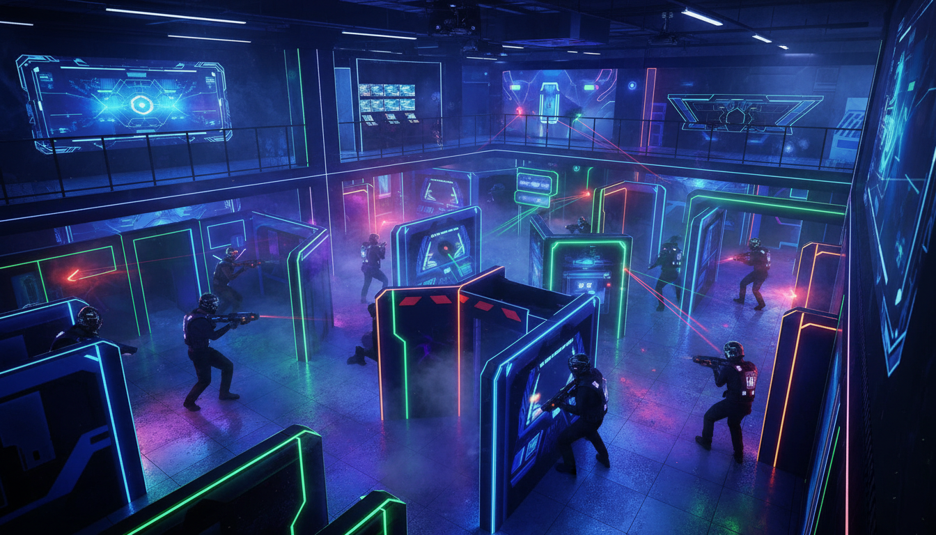 Selbständig machen mit Lasertag Indoor-Arena mit modernen Lichteffekten und Spielern